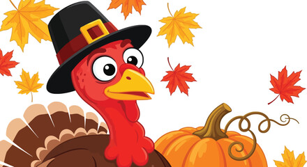Joyful cartoon turkey in pilgrim hat with pumpkin and falling autumn leaves, celebrating Thanksgiving fun and festive spirit