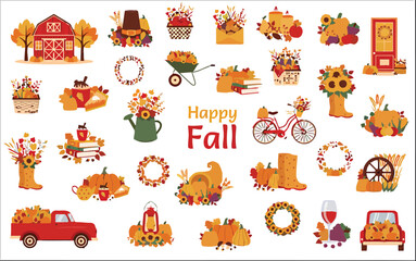 Vibrant collection of cheerful autumn elements including pumpkins, sunflowers, fall foliage, and festive decor perfect for seasonal celebrations