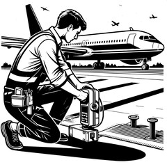 Fototapeta premium Worker Operating Runway Measuring Device