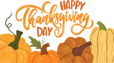 Celebrate Thanksgiving Day with vibrant pumpkins and festive orange lettering, perfect for autumn holidays and seasonal greetings