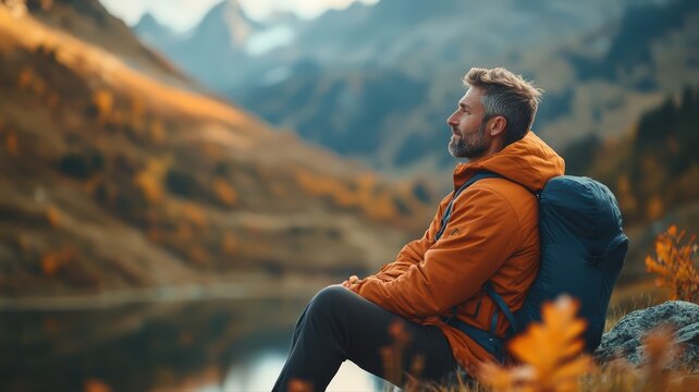 Midadult male traveler 40s enjoying peaceful autumn nature landscape, sitting by tranquil mountain lake, finding solitude, wellbeing, and freedom on solo hiking adventure journey.