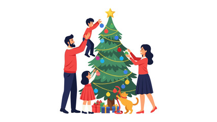 Festive Family Christmas: A loving family decorates a Christmas tree, filled with joy. A beautiful scene, creating a wonderful festive atmosphere.