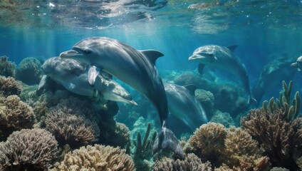 Fototapeta premium Underwater shot of several dolphins swimming above coral reefs in a sunlit ocean environment