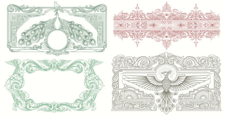 engraving illustration of victorian, rococo, baroque style elements. book cover, social media, t shirt design application