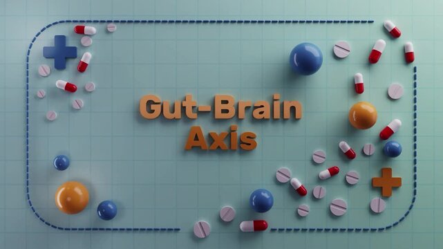medical topic illustration, visual representation of gut brain axis interactions in medical research, animated educational scene depicting microbiome communication between gut and brain