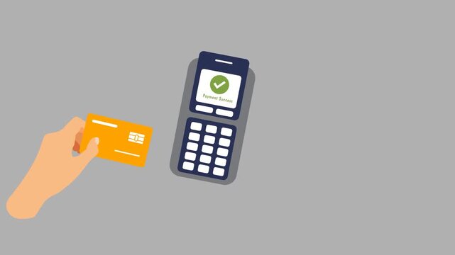 animation Hand holds credit card near the pos terminal to pay. Buying process. Contactless payment