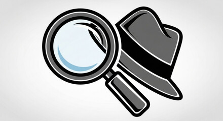 Illustration of a magnifying glass and fedora hat, symbolizing investigation and mystery a classic detective tool