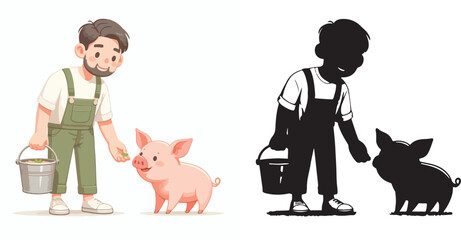 Vector set and shilhouttes image of a man feeding a pig on a white background