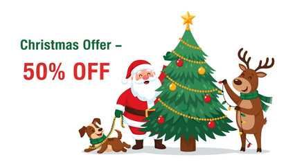 Christmas Offer - 50% Off: Festive illustration featuring Santa Claus, a cheerful reindeer, a decorated christmas tree, and a playful dog. conveying holiday spirit with a generous discount.