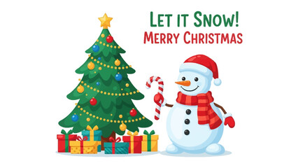 Festive Wonderland: A heartwarming illustration of a snowman, christmas tree and presents. With the message Let it snow! Merry Christmas. evokes warmth and the joy of winter celebrations.