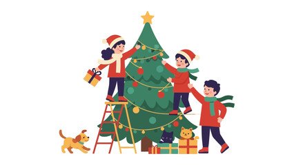 Joyful Family Decorating a Christmas Tree: A festive scene unfolds as a family, filled with happiness, adorns a Christmas tree with ornaments, the scene set for a season of warmth, and giving.