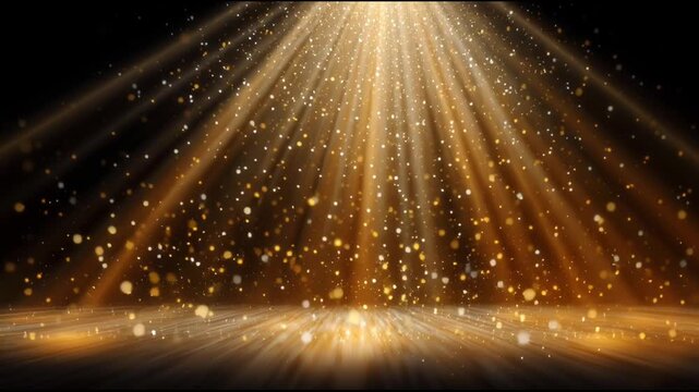 Inspiring award background with golden spotlight, shining and glowing light rays, and magical sparkling particles for glorious presentation