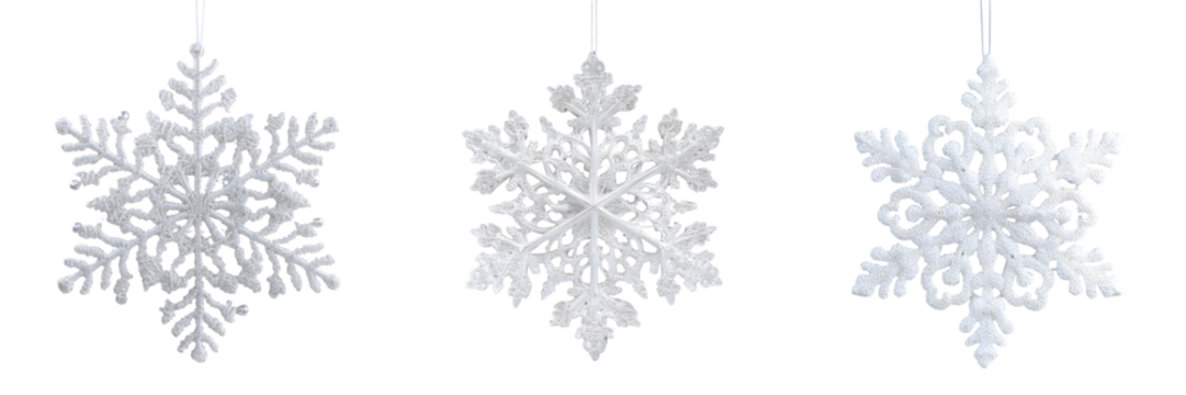Set of white snowflake ornaments, isolated on transparent background
