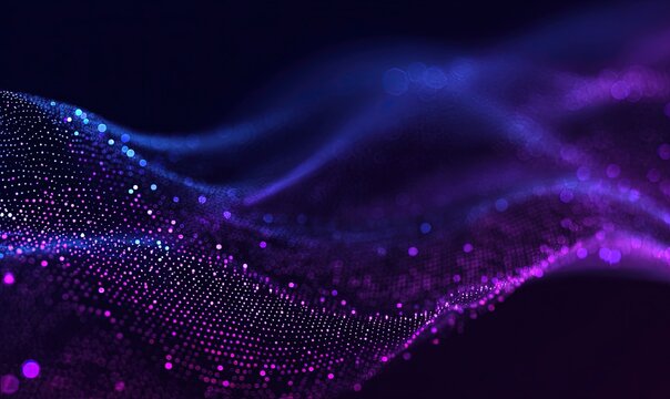 Abstract digital art with a flowing, wavy design composed of a vibrant purple and blue particle effect