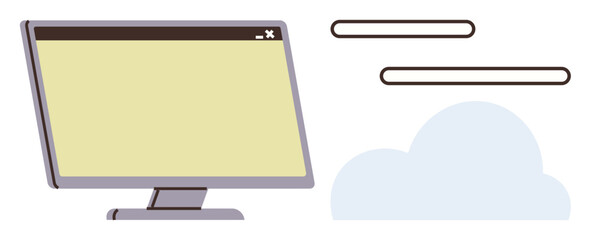 Computer monitor beside a stylized cloud and navigation bars, symbolizing cloud computing, online storage, digital technology, data sharing, web applications, connectivity, and innovation. A simple