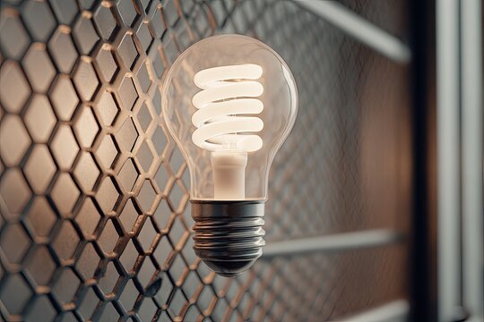 Close-up of a lit fluorescent light bulb against a textured, hexagonal wall - Powered by Adobe