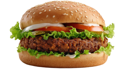 Delicious classic cheeseburger with beef, cheese, tomato, and lettuce on a sesame bun, isolated on a white background for a fast food lunch or dinner meal