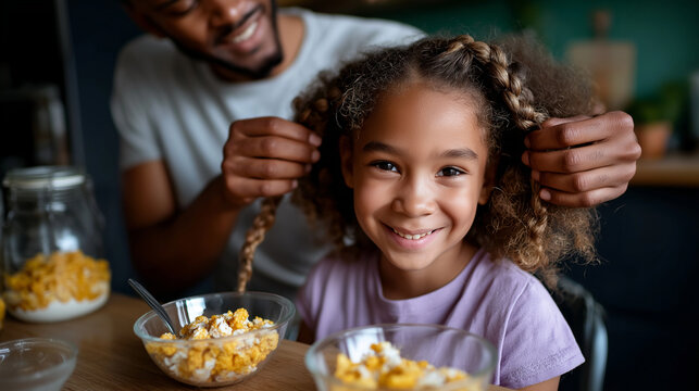 Dad braiding daughter&rsquo;s hair at breakfast table, cereal bowls and sunlight, fatherhood, bonding, morning routine, home life, love, with copy space