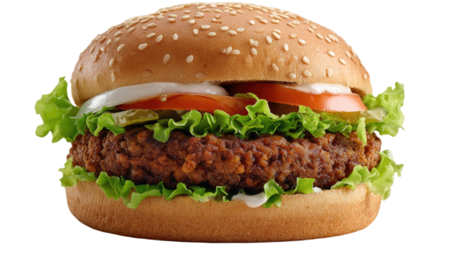 Delicious classic cheeseburger with beef, cheese, tomato, and lettuce on a sesame bun, isolated on a white background for a fast food lunch or dinner meal