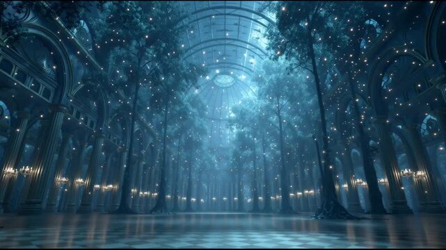 Grand magical fantasy ballroom with an enchanted forest of ancient trees. Mysterious blue ethereal light streams through creating serene background