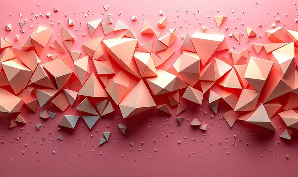 Scattered abstract 3d polygonal geometric shapes on a vibrant pink background surface.
