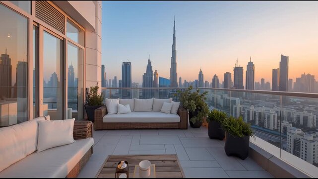 Serene luxury outdoor penthouse terrace with modern furniture overlooking Dubais stunning skyline and cityscape during beautiful sunset