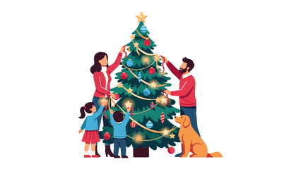 Family Festive Decor: A heartwarming scene unfolds as a family, united in joy, adorns their Christmas tree with twinkling lights and colorful ornaments, creating a festive atmosphere. 