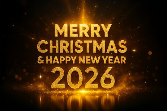 Elegant Merry Christmas and Happy New Year 2026 gold text on black background with glittering effects for festive holiday celebration designs - Powered by Adobe