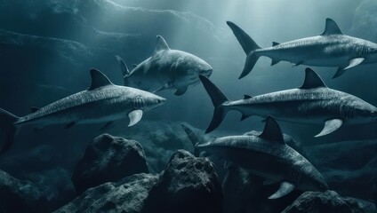 Naklejka premium A school of sharks swim near the ocean floor. Sunlight filters through the water