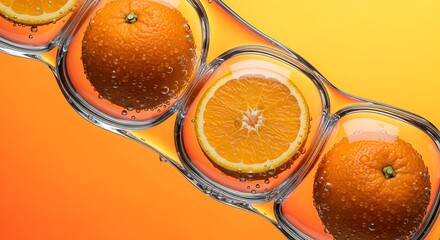Oranges and slices submerged in liquid with bubbles