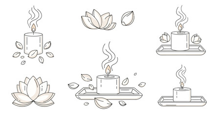 Set of minimalist candle icons with lotus flowers simple line art vector design for spa and relaxation concepts isolated on white background