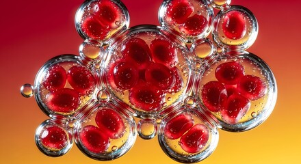 Abstract cluster of red berries suspended in clear liquid bubbles