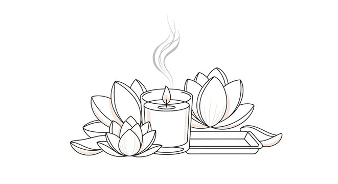 Elegant spa candle with lotus flowers a minimalist line art vector illustration for wellness and relaxation concepts isolated on white