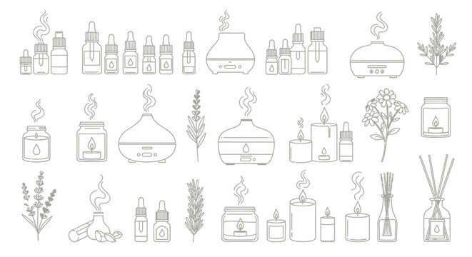 Set of aromatherapy line art icons essential oil diffuser and candle vector illustrations isolated on white background