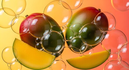 Ripe mangoes and slices with bubbles against a gradient background