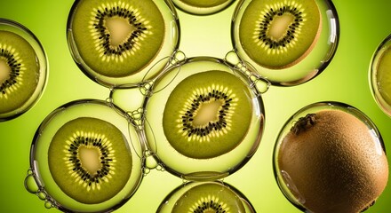 Closeup of fresh kiwi slices in water droplets on a green background