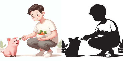 Vector set and shilhouttes image of a man feeding a pig on a white background