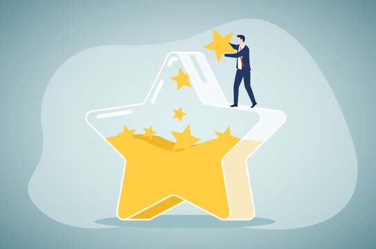 Reputation Management. A person carefully adding a star to a star-shaped container, symbolizing the effort to maintain positive ratings, enhance reputation, and build credibility.