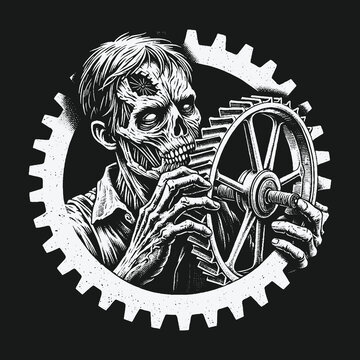 Monochrome illustration of an undead mechanic inspecting a cogwheel.