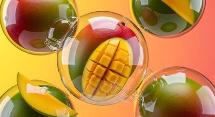 Fresh mango slices and whole fruit in glass spheres