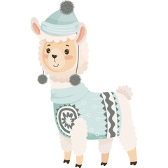 Adorable Cartoon Llama Wearing a Winter Hat and Sweater with Festive Patterns Standing Against a Transparent Background