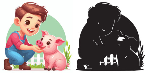 Vector set and shilhouttes image of a man feeding a pig on a white background