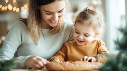 Young happy mother and joyful toddler child together baking sweet homemade bread, sharing heartwarming candid lifestyle moments in cozy domestic kitchen. full of love concept.