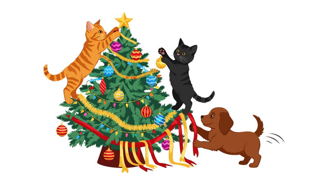 Festive Furry Friends Decorating the Tree: A heartwarming holiday scene with two cats and a playful puppy as they adorn the Christmas tree with ornaments. A display of joy, togetherness.
