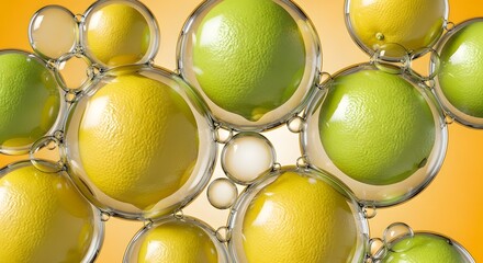 Lemons and limes inside transparent bubbles with a warm orange background