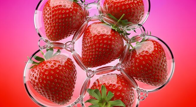 Fresh strawberries in clear bubbles against a vibrant pink background