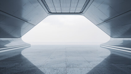 Futuristic architectural interior with a bright, open view of the horizon