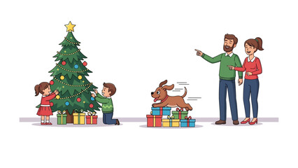 Holiday Togetherness: A family shares joyous moments as they decorate the tree with a happy dog, embracing the spirit of the holiday season, creating a memory to last a lifetime.