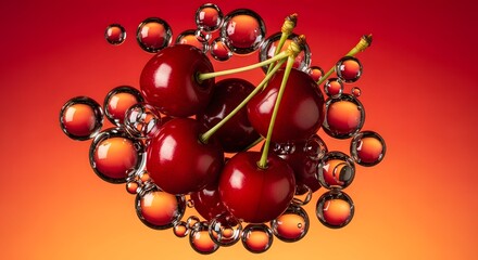Cherries submerged in water with bubbles, closeup shot