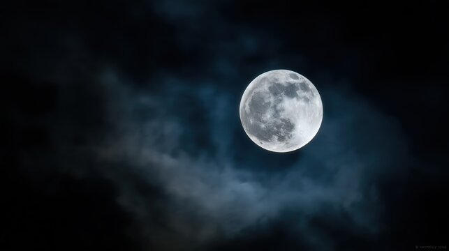 Bright full moon with wispy clouds in dark night sky, moody blue glow - Powered by Adobe